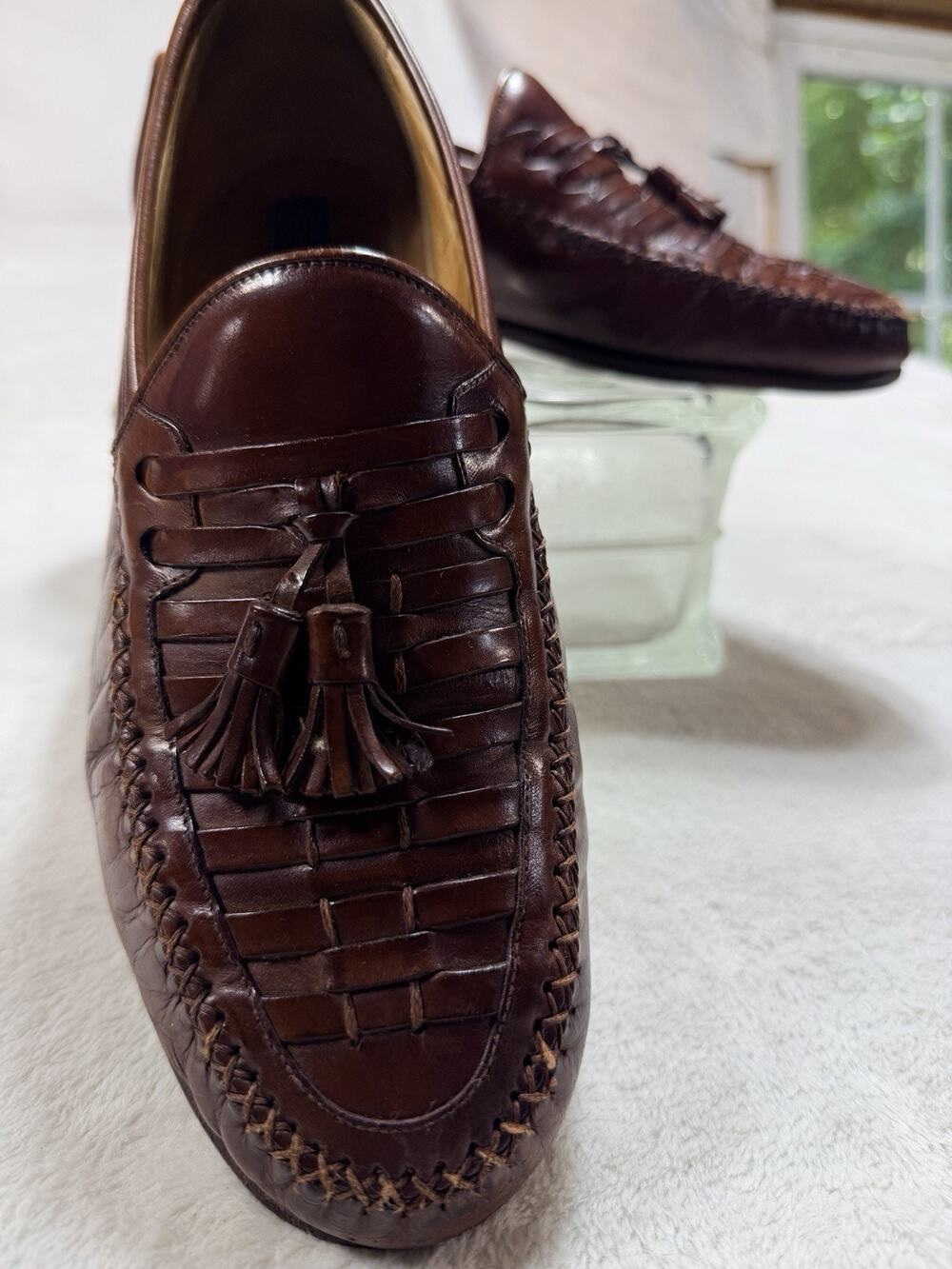 VTG Johnston & Murphy Italy Woven Leather Tassel Loafers Mens SZ 9 M Cognac